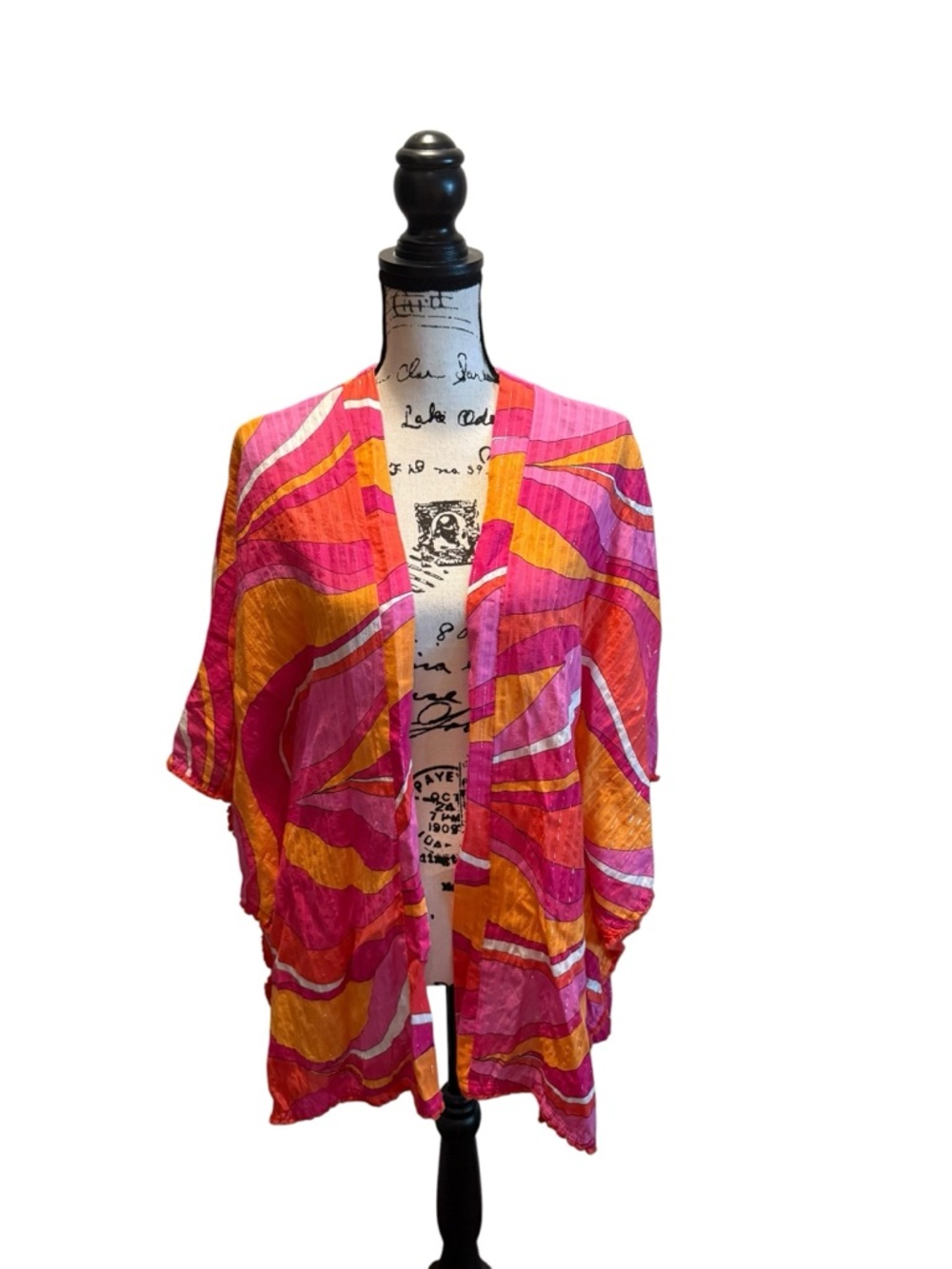 Trina Turk Vivid Vista Fringe Trim Cover Up Pink Orange Size OS Open Front